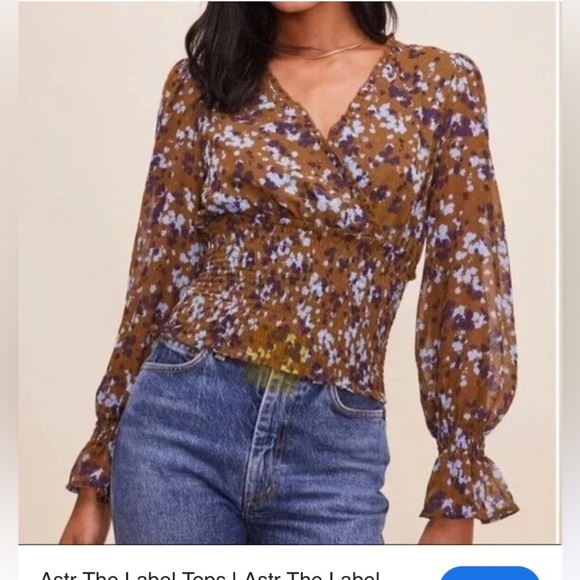 Astr The Label Blue Brown Floral Ruffle Blouse size L - Picture 1 of 13